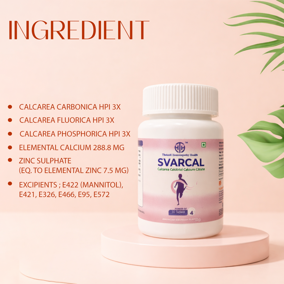 SVARCAL ingredients — Calcarea Carbonica, Elemental Calcium 288.8mg and Zinc Sulphate